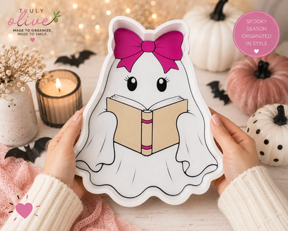 Trulyolive Bookish Ghost Trinket Tray, Cute Halloween Jewelry Dish, Pink Bow Ghost Decor, Spooky Season Ring Dish, Book Lover Halloween Gift - Decorative Trays