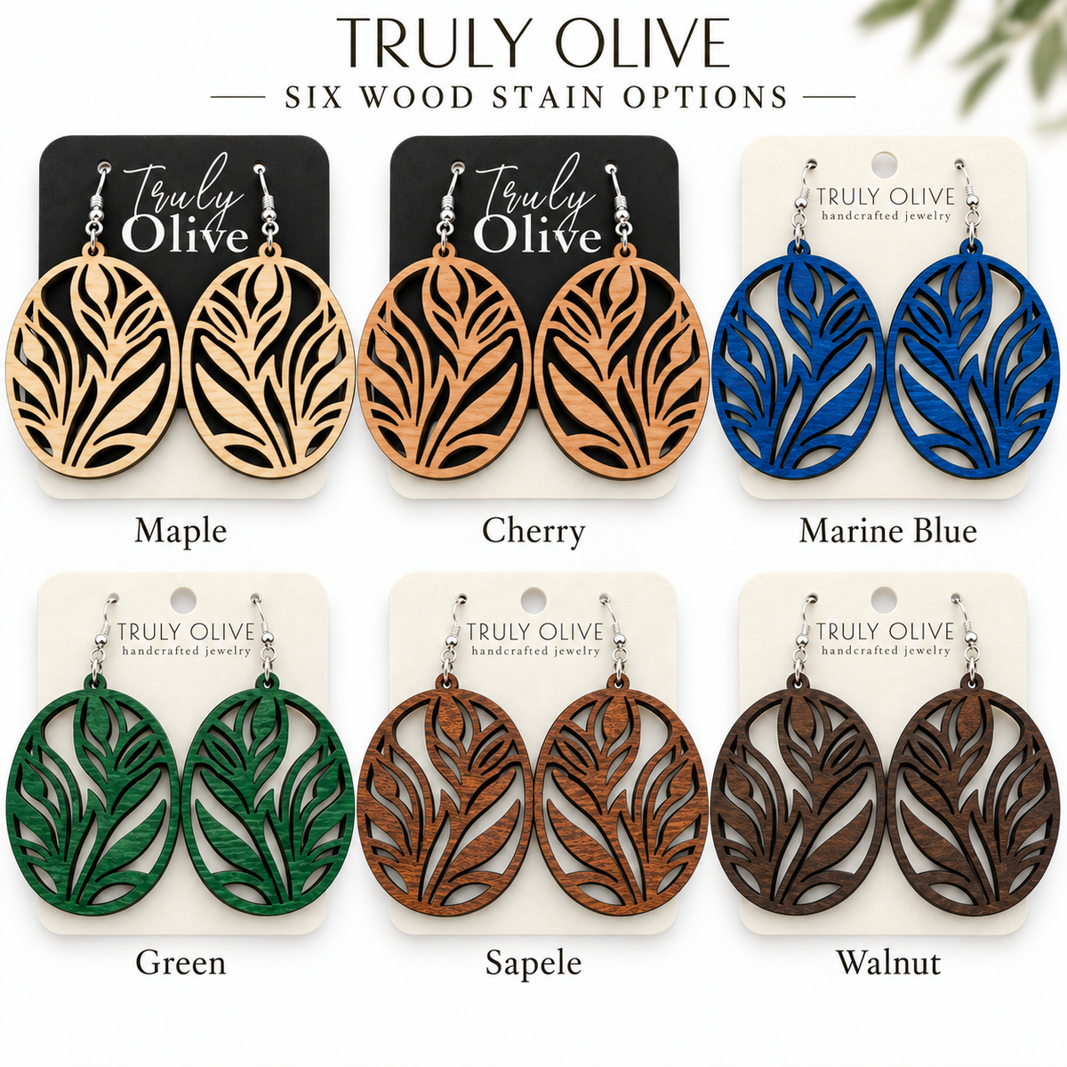 Truly Olive Botanical Oval Wood Earrings - Earrings Dangle Earrings