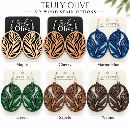 Truly Olive Botanical Oval Wood Earrings - Earrings Dangle Earrings