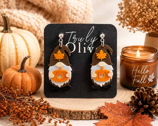 Truly Olive Fall Pumpkin Gnome Dangle Earrings - Uncategorized Stud/Post Earrings