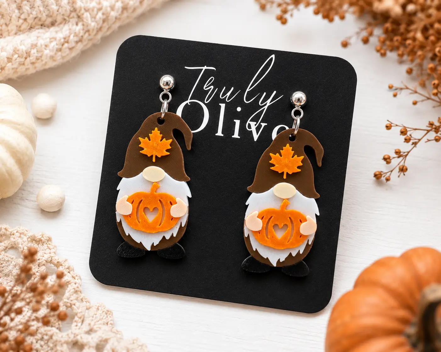 Truly Olive Fall Pumpkin Gnome Dangle Earrings - Uncategorized Stud/Post Earrings