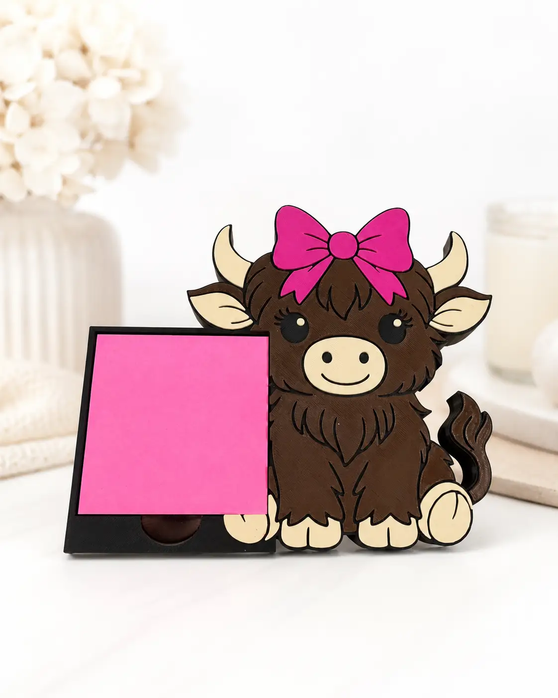 Truly Olive Highland Cow Notepad Holder | Pink Sticky Note Desk Organizer - Notepads Notepad Holder