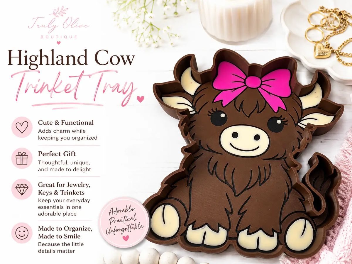 Truly Olive Highland Cow Trinket Tray | Pink Bow Jewelry Dish & Catchall Tray - Decorative Trays Trinket Tray