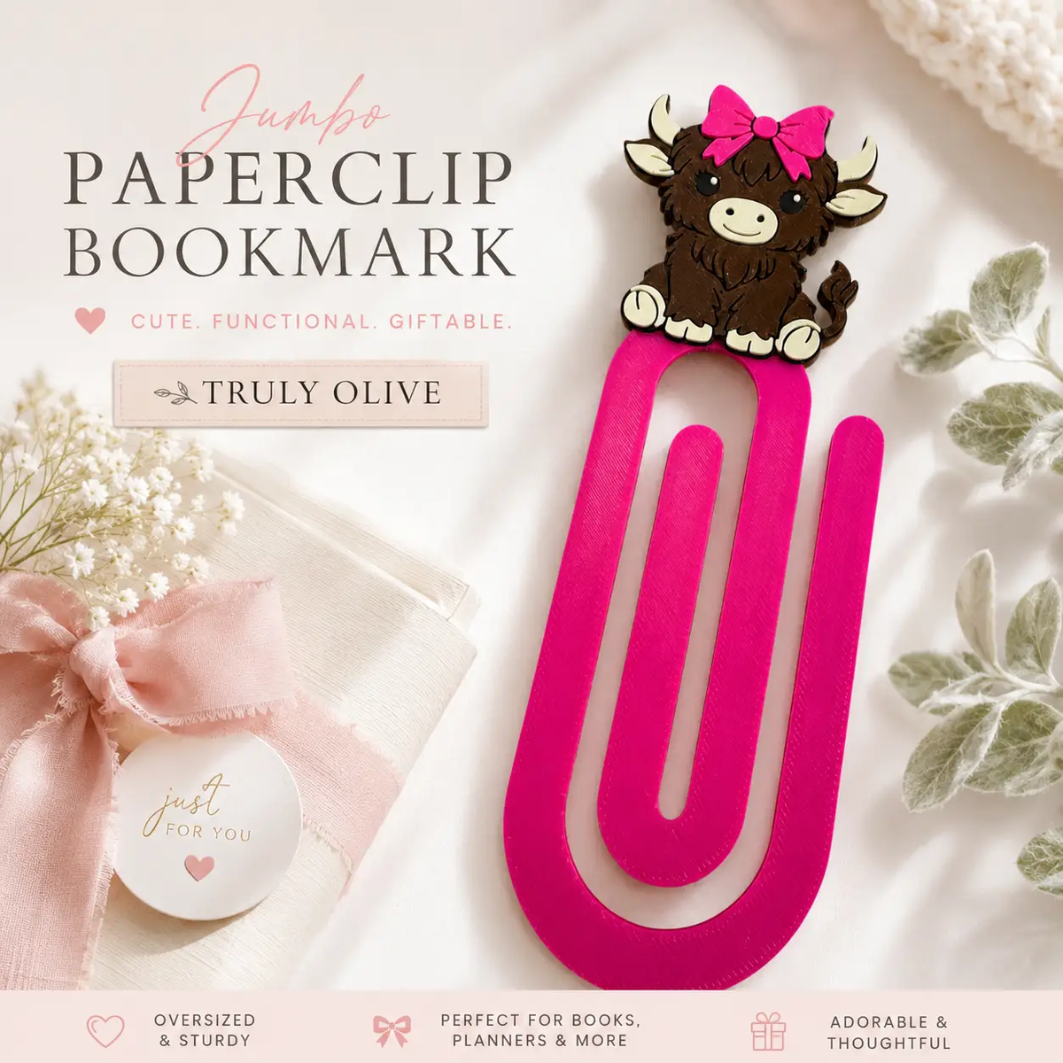 Trulyolive Highland Cow Jumbo Paperclip Bookmark | Pink Bow Book Lover Accessory - Bookmarks