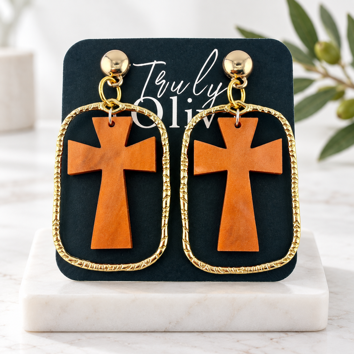 Trulyolive Brown Cross Statement Earrings With Textured Gold Frame - Earrings
