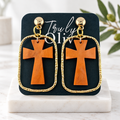Trulyolive Brown Cross Statement Earrings With Textured Gold Frame - Earrings