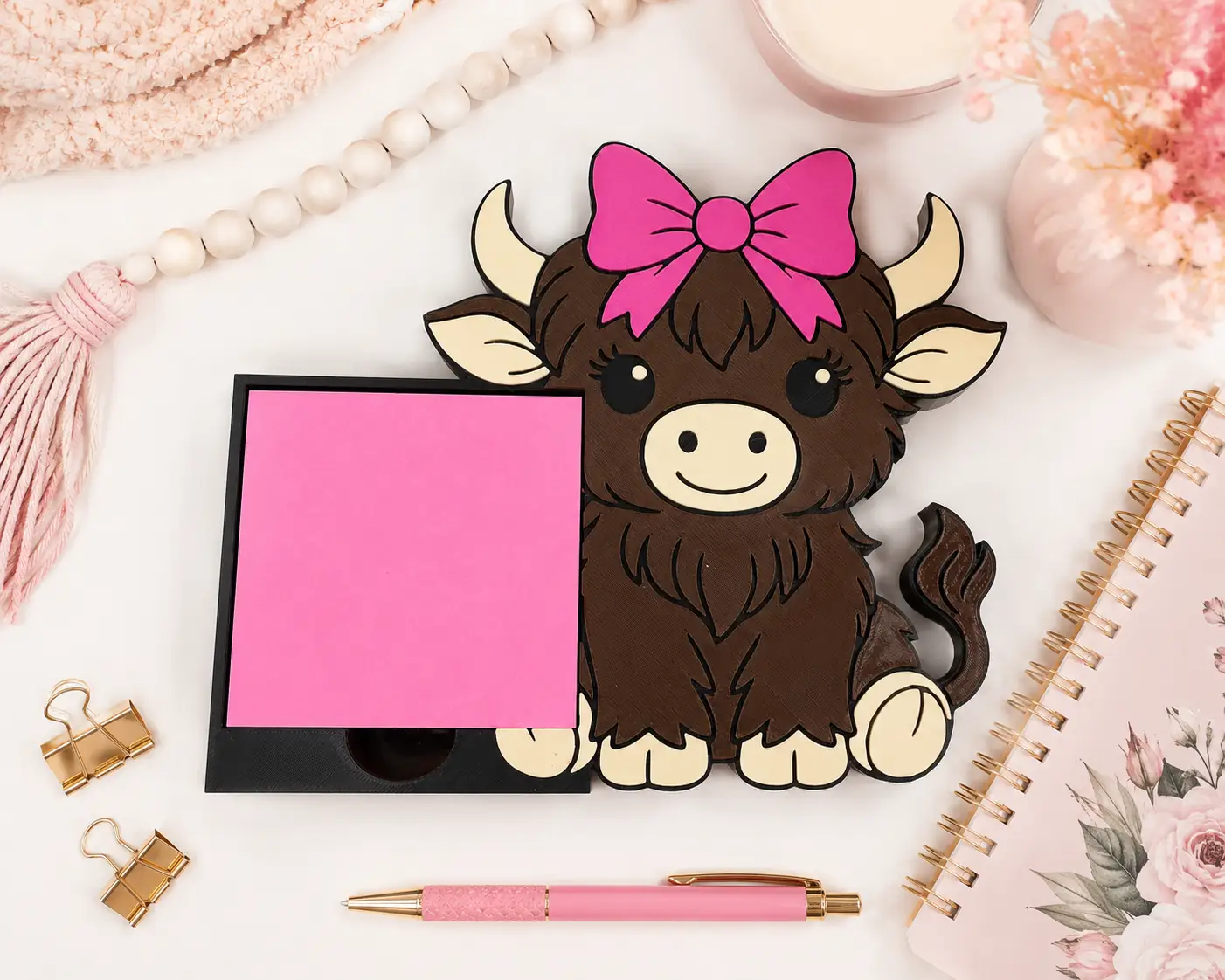 Truly Olive Highland Cow Notepad Holder | Pink Sticky Note Desk Organizer - Notepads Notepad Holder