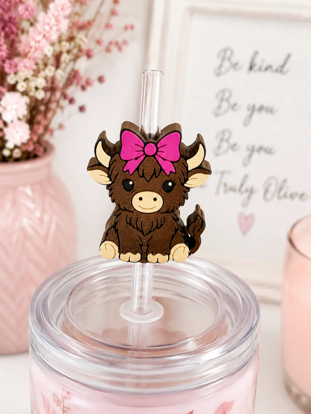 Truly Olive Highland Cow Straw Topper | Pink Bow Tumbler Straw Accessory - Drinking Straws & Stirrers Straw Toppers