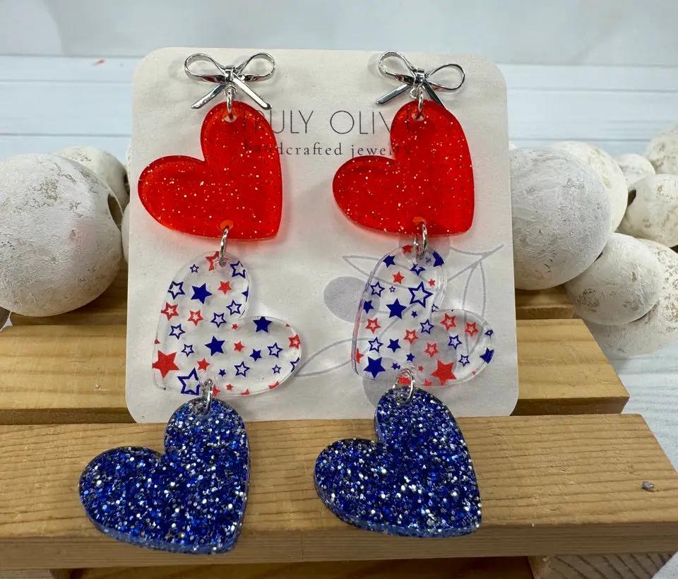 Truly Olive Red White and Blue Heart Dangles - Earrings Dangle Earrings