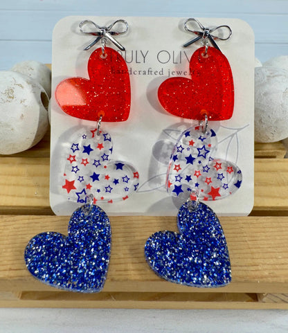 Truly Olive Red White and Blue Heart Dangles - Earrings Dangle Earrings