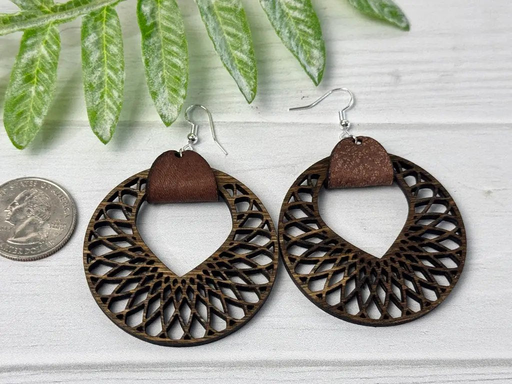 Truly Olive Filigree Natural Wood and Leather Lightweight Hoop Earrings - Earrings Dangle Earrings