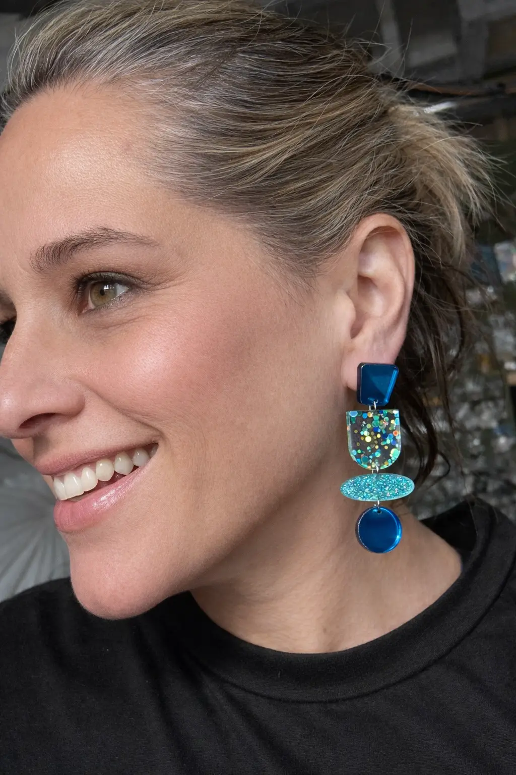 Truly Olive Teal Blue Glitter and Glass Dangle Earrings - Earrings Stud/Post Earrings
