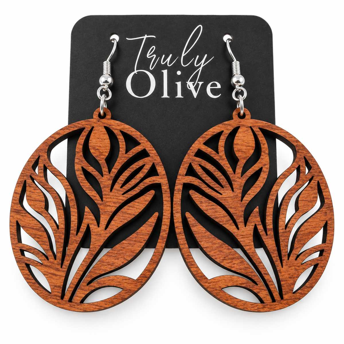 Truly Olive Botanical Oval Wood Earrings - Earrings Dangle Earrings