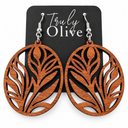 Truly Olive Botanical Oval Wood Earrings - Earrings Dangle Earrings