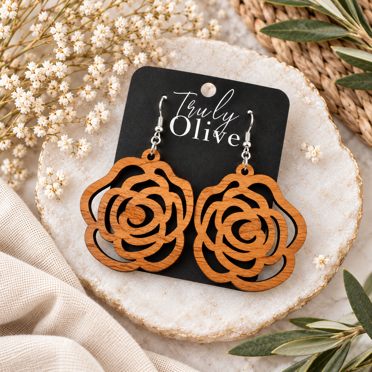 Truly Olive Wood Rose Statement Earrings - Earrings Dangle Earrings