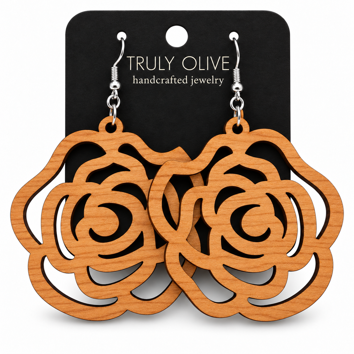 Truly Olive Handcrafted Wood Rose Statement Earrings For Everyday Elegance - Earrings Dangle Earrings