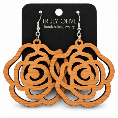Truly Olive Handcrafted Wood Rose Statement Earrings For Everyday Elegance - Earrings Dangle Earrings