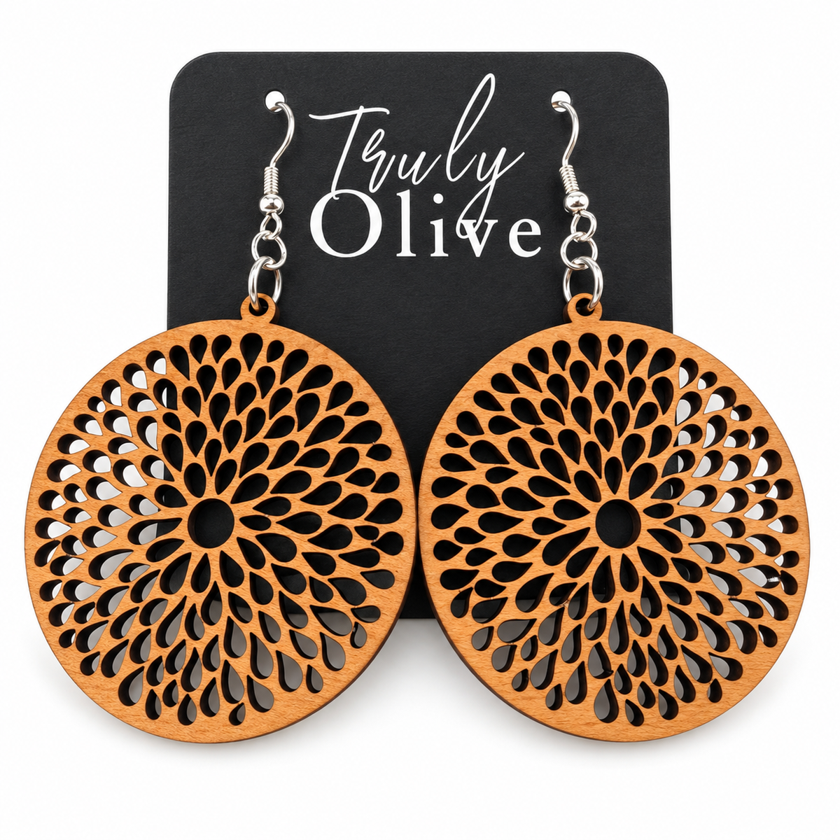 Truly Olive Round Teardrop Cutout Wood Earrings - Earrings Dangle Earrings
