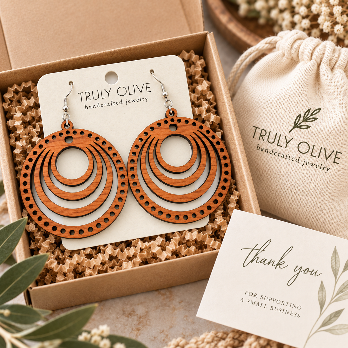 Truly Olive Concentric Circle Wood Earrings | Six Stain Colors - Earrings Dangle Earrings