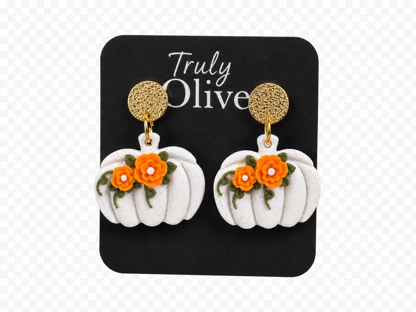Cream dangle floral pumpkin earrings with orange and white floral accents,  with green vines on truly olive's black earring card.