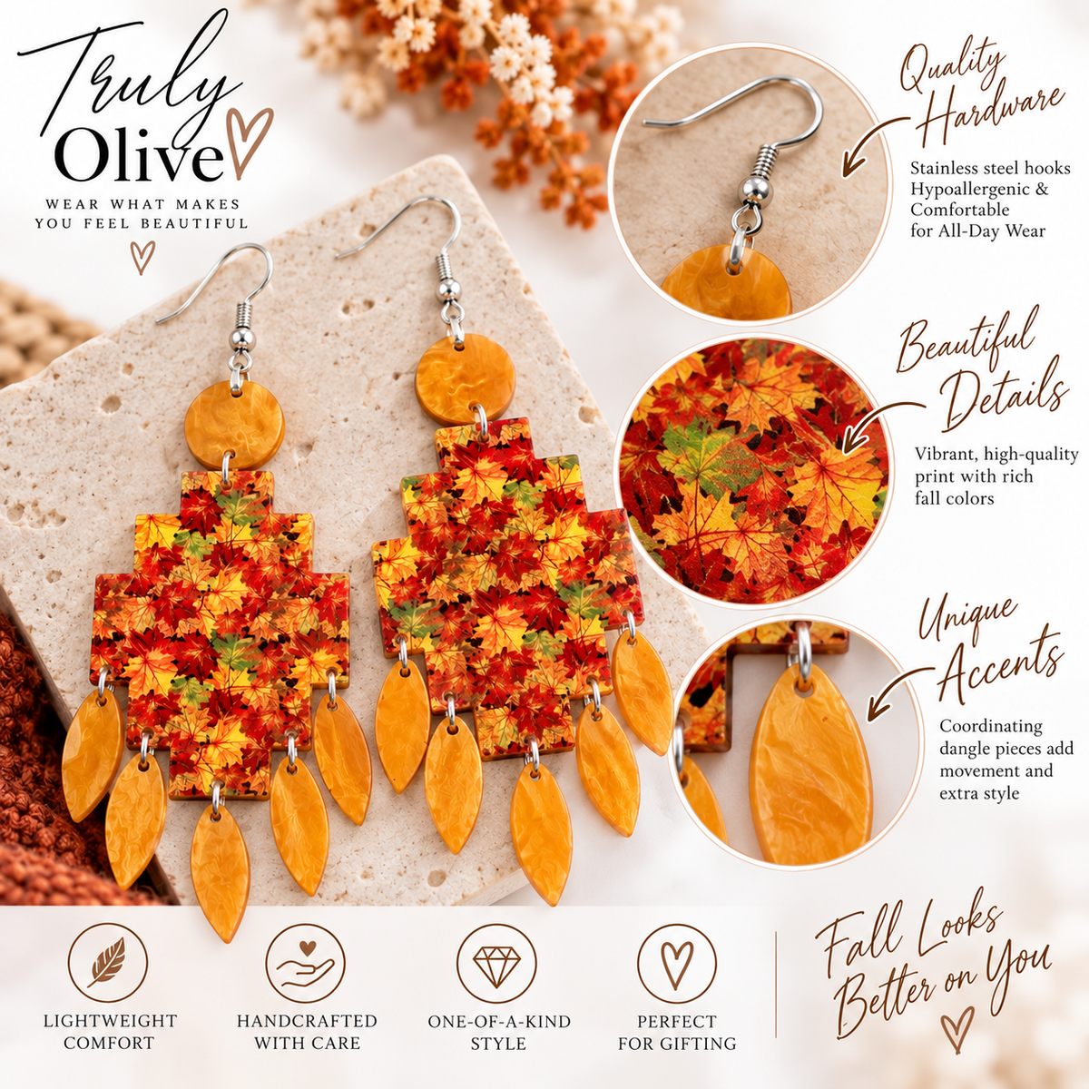 Truly Olive Fall Leaf Statement Earrings | Autumn Maple Jewelry | Truly Olive - Earrings Dangle Earrings