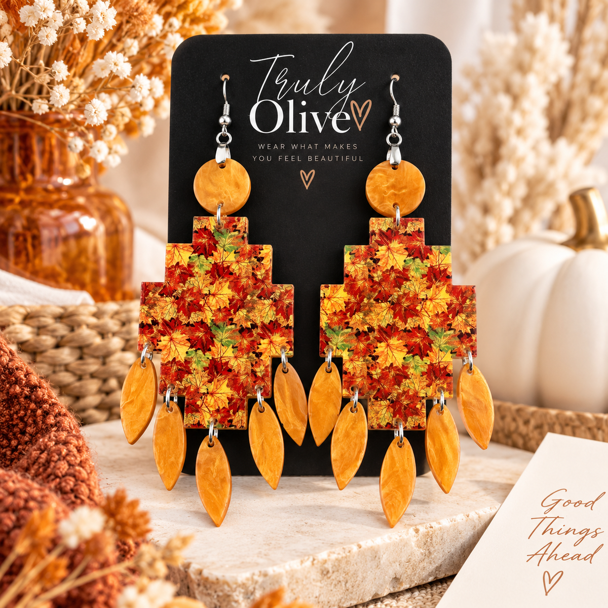 Truly Olive Fall Leaf Statement Earrings | Autumn Maple Jewelry | Truly Olive - Earrings Dangle Earrings