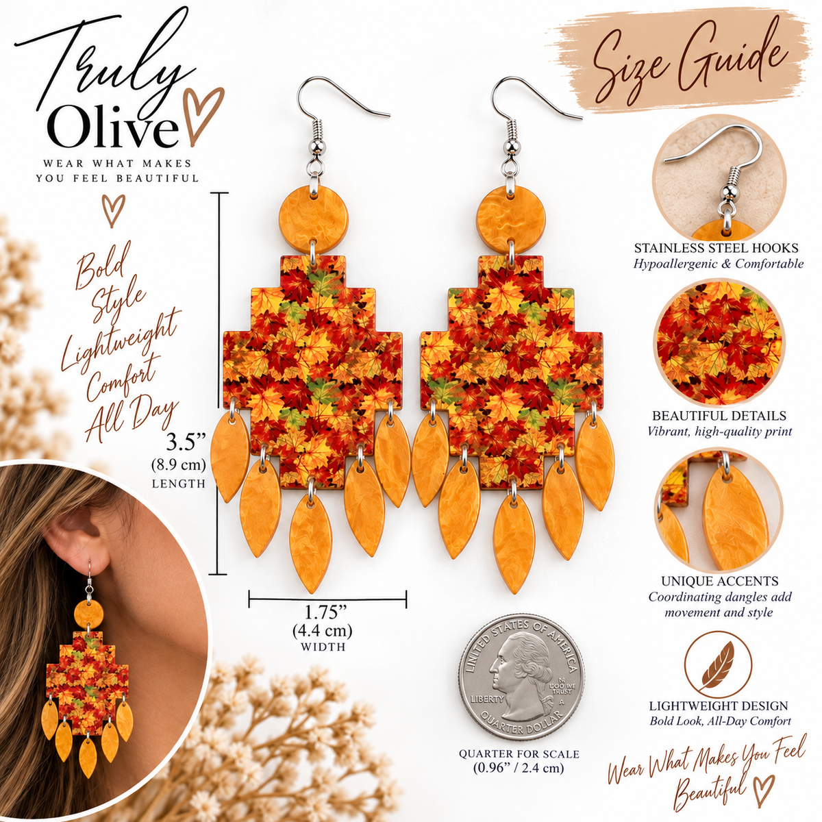 Truly Olive Fall Leaf Statement Earrings | Autumn Maple Jewelry | Truly Olive - Earrings Dangle Earrings