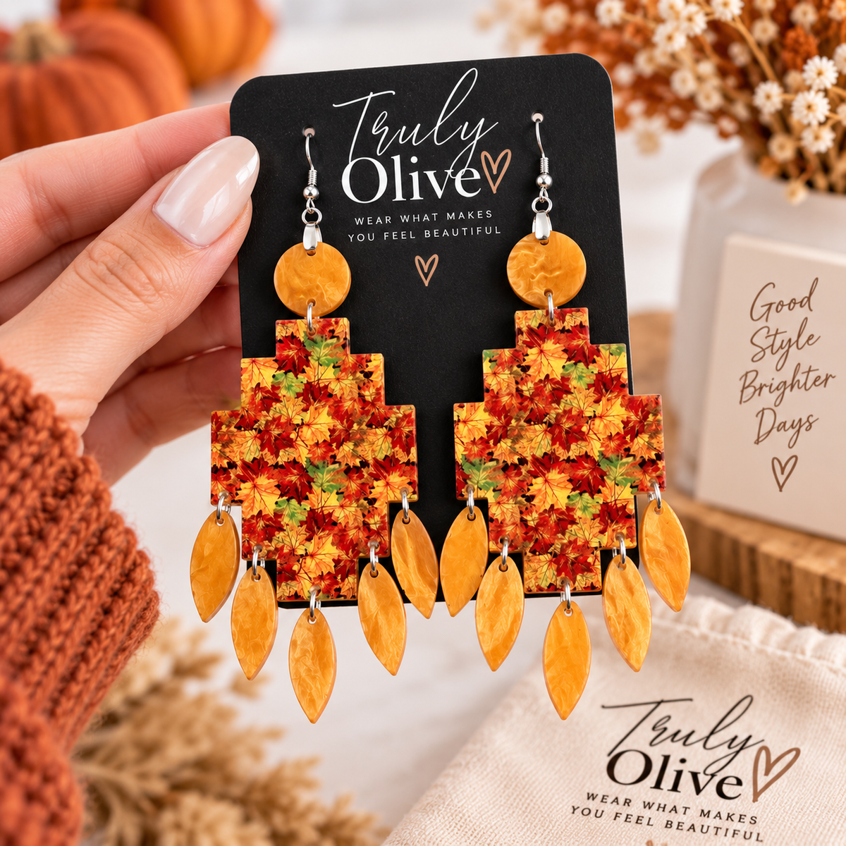 Truly Olive Fall Leaf Statement Earrings | Autumn Maple Jewelry | Truly Olive - Earrings Dangle Earrings