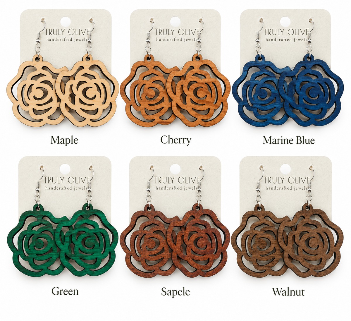 Truly Olive Wood Rose Statement Earrings - Earrings Dangle Earrings