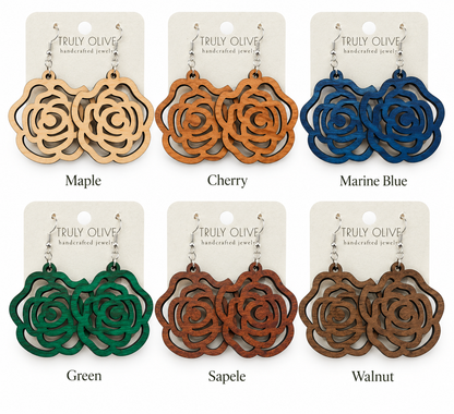 Truly Olive Wood Rose Statement Earrings - Earrings Dangle Earrings