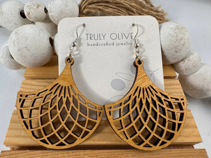 Truly Olive Stunning Wood Mandala Earrings in Unique Fanned Out Shape - Earrings Dangle Earrings