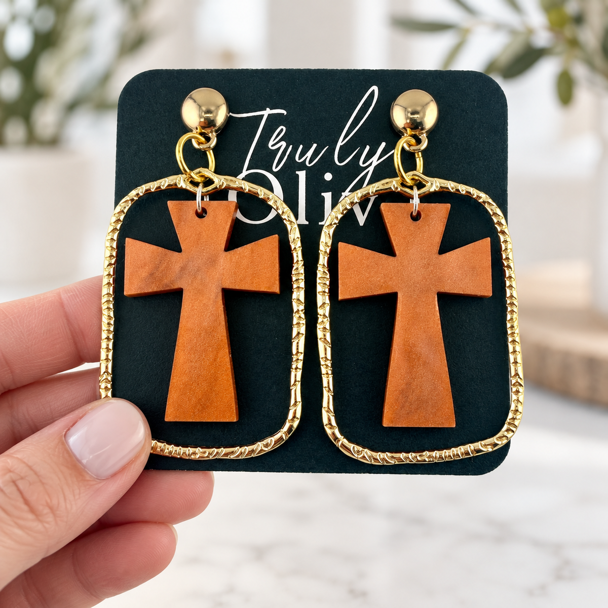 Trulyolive Brown Cross Statement Earrings With Textured Gold Frame - Earrings