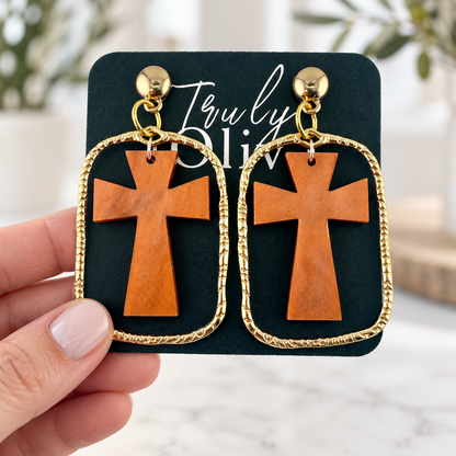 Trulyolive Brown Cross Statement Earrings With Textured Gold Frame - Earrings