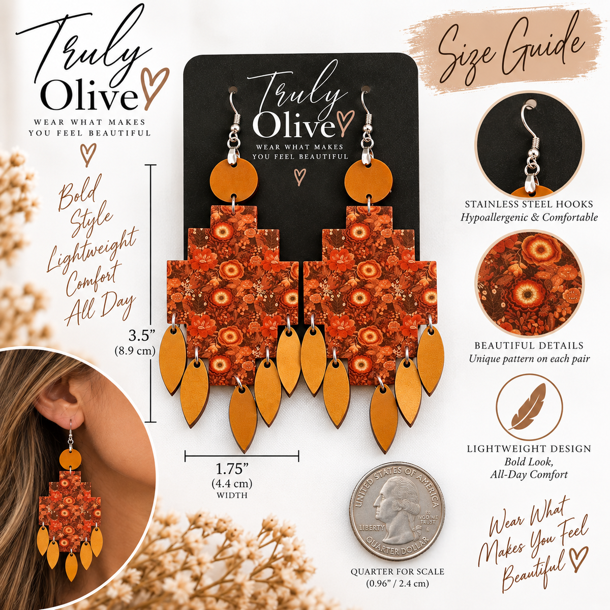 Truly Olive Bring warm seasonal color to your jewelry collection with the Fall Floral Statement Earrings from Truly Olive. - Earrings Dangle Earrings
