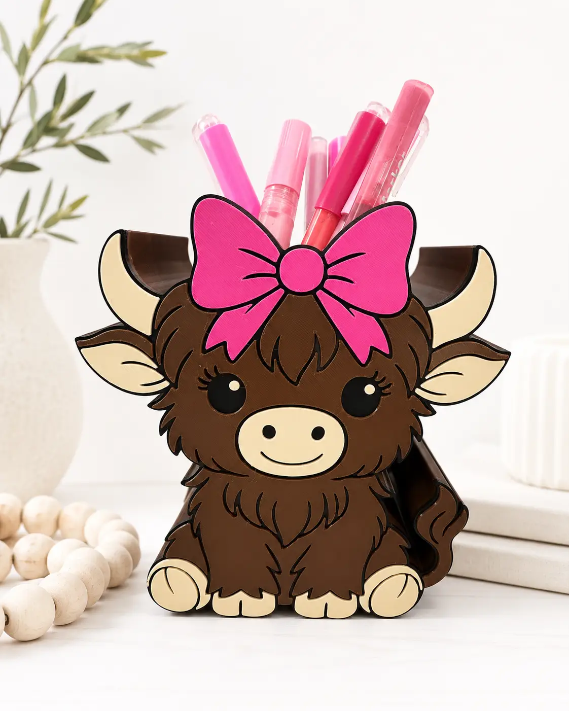 Truly Olive Highland Cow Pen Holder | Pink Bow Cow Desk Organizer & Pencil Holder - Pen Holders Desk Pen Holders