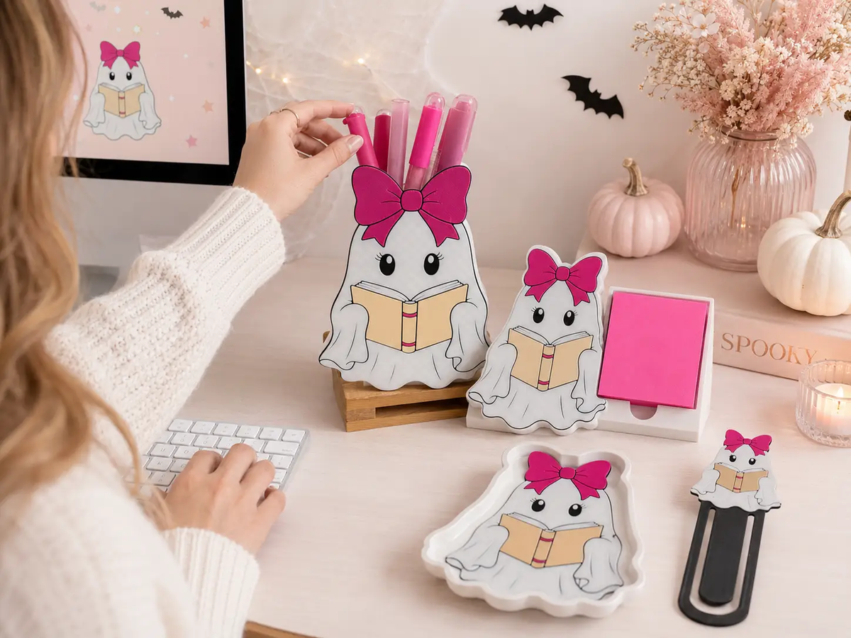 Truly Olive Bookish Ghost Pen Holder | Pink Bow Halloween Desk Organizer - Pen Holders Desk Pen Holders