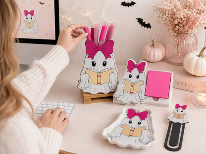 Truly Olive Bookish Ghost Pen Holder | Pink Bow Halloween Desk Organizer - Pen Holders Desk Pen Holders