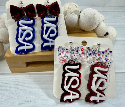 Truly Olive Patriotic USA Bow Dangle Earrings - Earrings Dangle Earrings