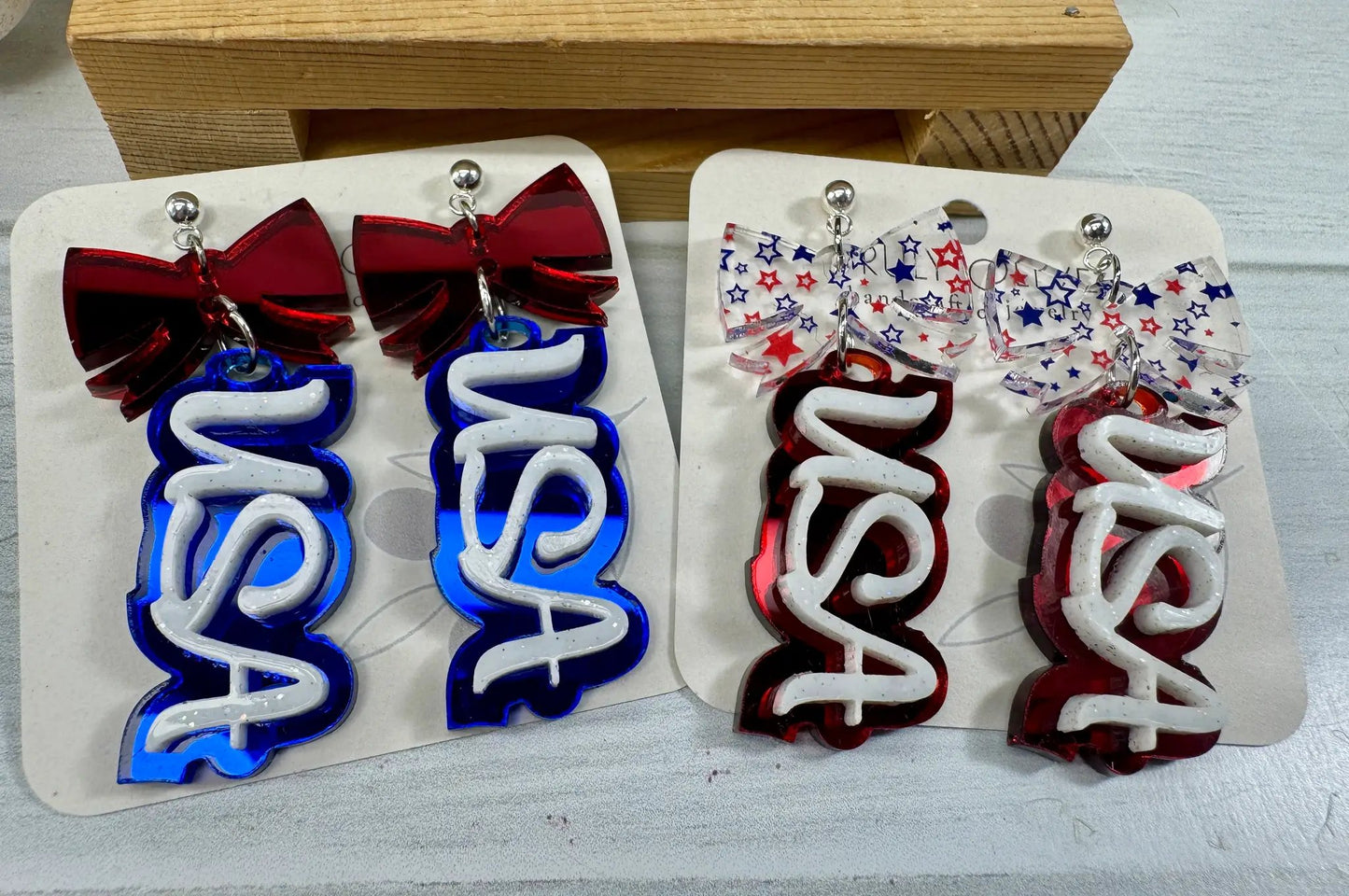 Truly Olive Patriotic USA Bow Dangle Earrings - Earrings Dangle Earrings