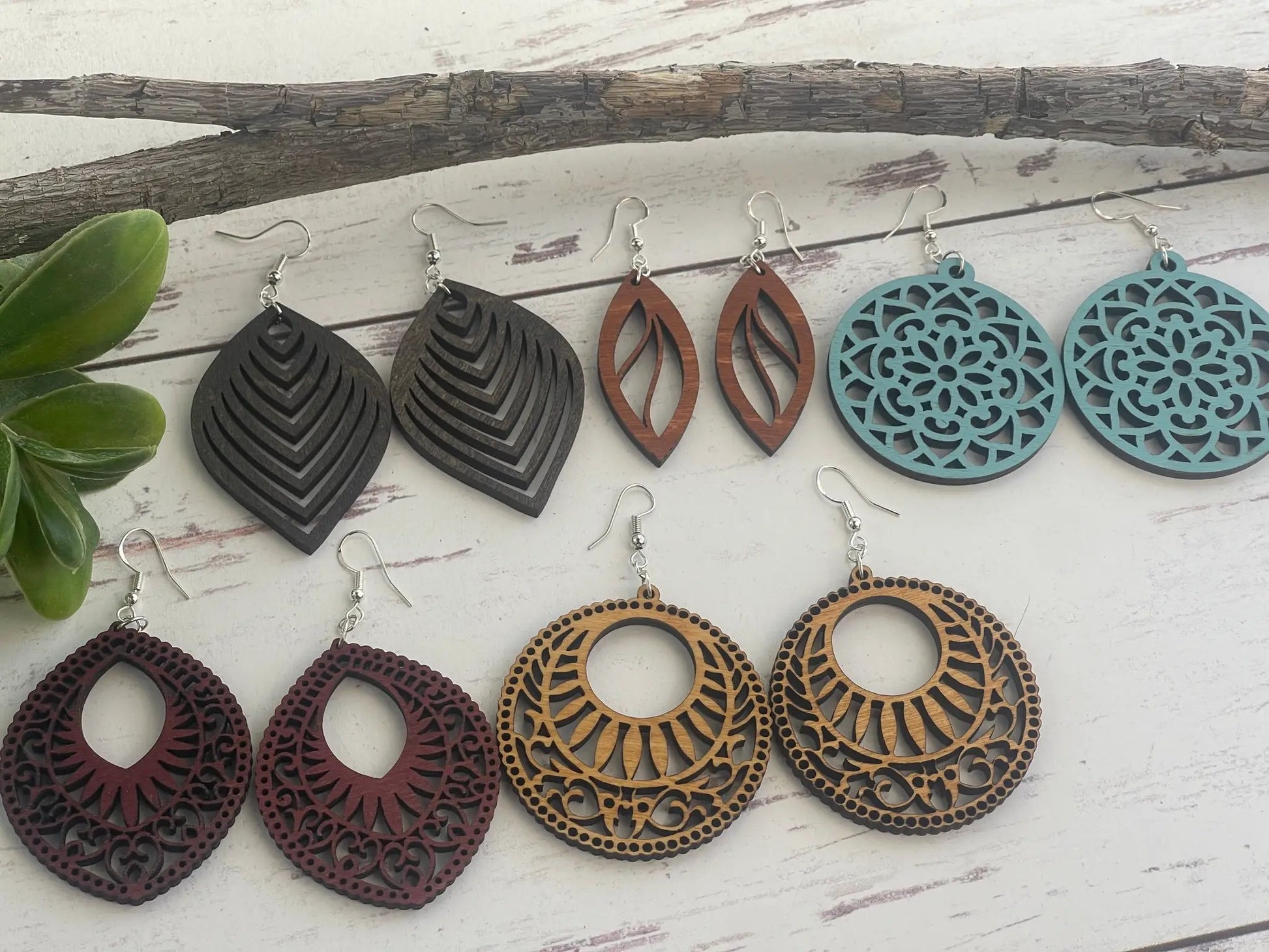 Truly Olive Vintage Wood Mandala Earrings Teardrops - Earrings Dangle Earrings