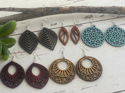 Truly Olive Vintage Wood Mandala Earrings Teardrops - Earrings Dangle Earrings