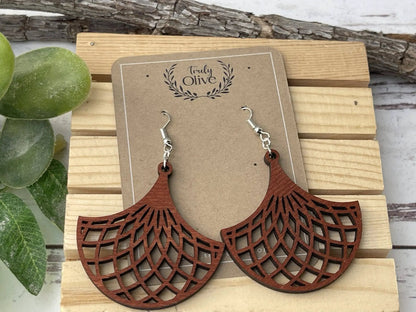 Truly Olive Stunning Wood Mandala Earrings in Unique Fanned Out Shape - Earrings Dangle Earrings