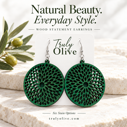 Truly Olive Round Teardrop Cutout Wood Earrings - Earrings Dangle Earrings