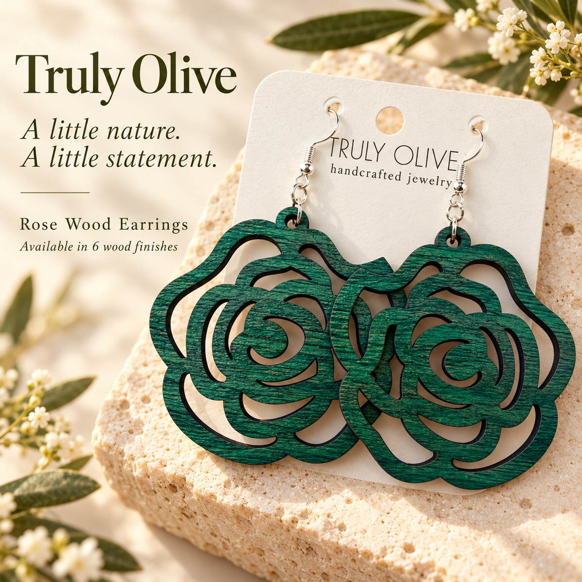 Truly Olive Wood Rose Statement Earrings - Earrings Dangle Earrings