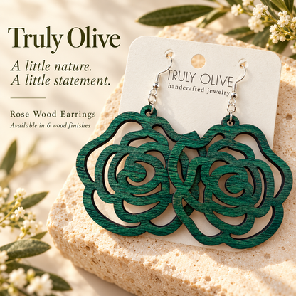 Truly Olive Wood Rose Statement Earrings - Earrings Dangle Earrings
