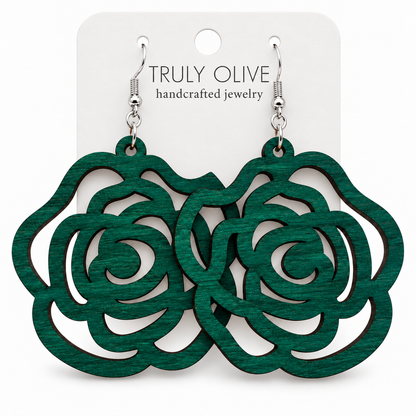 Truly Olive Handcrafted Wood Rose Statement Earrings For Everyday Elegance - Earrings Dangle Earrings
