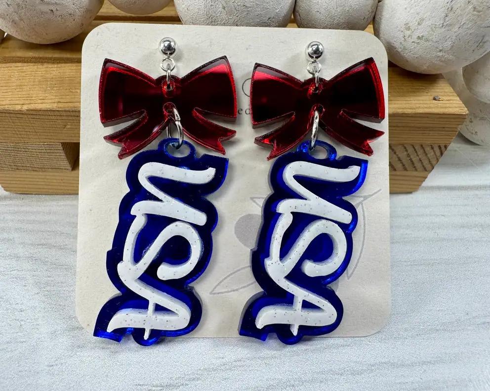 Truly Olive Patriotic USA Bow Dangle Earrings - Earrings Dangle Earrings