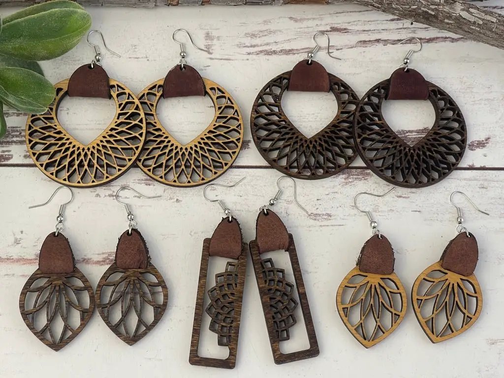 Truly Olive Filigree Natural Wood and Leather Lightweight Hoop Earrings - Earrings Dangle Earrings