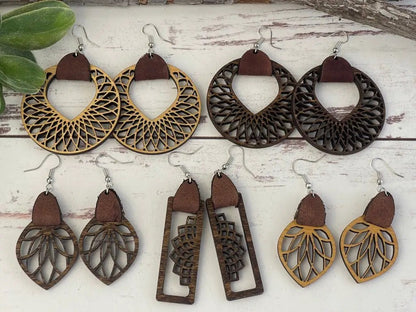 Truly Olive Filigree Natural Wood and Leather Lightweight Hoop Earrings - Earrings Dangle Earrings