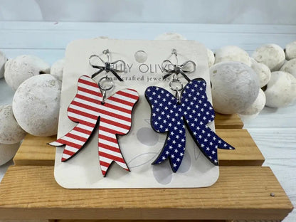 Trulyolive Patriotic Coquette Bow Red White and Blue Earrings - Earrings